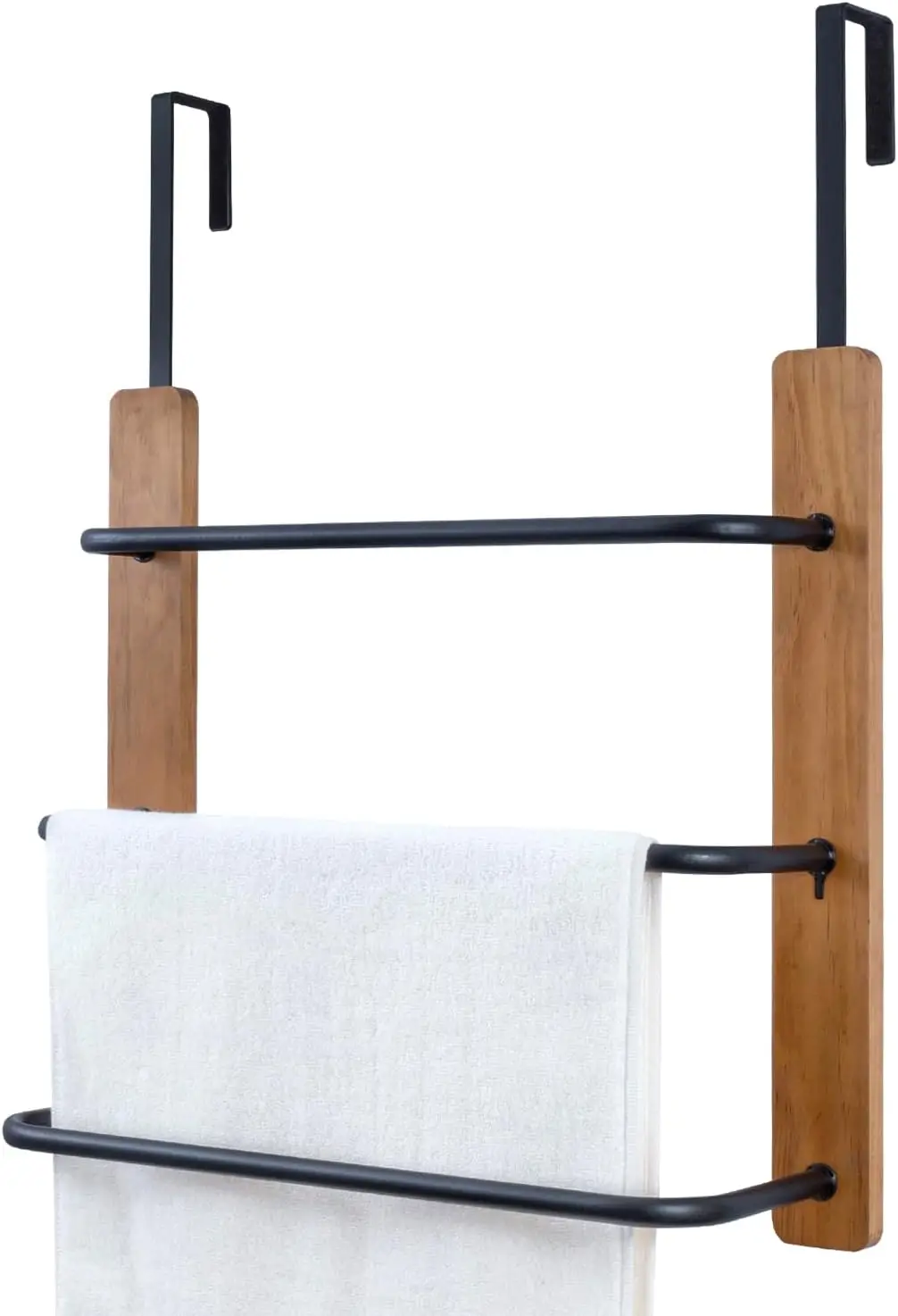 

Over The Door Towel Rack for Bathroom, Rustic Solid Burnt Wood Towel Storage Organizer, 3 Tier Matte Black Metal Towel Bar, S
