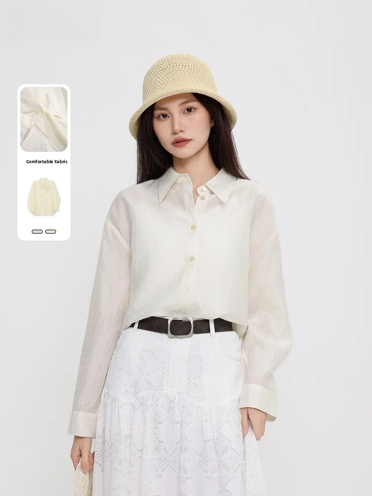 

Повседневная свободная женская рубашка с длинным рукавом, тонкая, модная, летняя, новинка 2025 года, коллекция Memory's Start Point, однотонная, с воротником