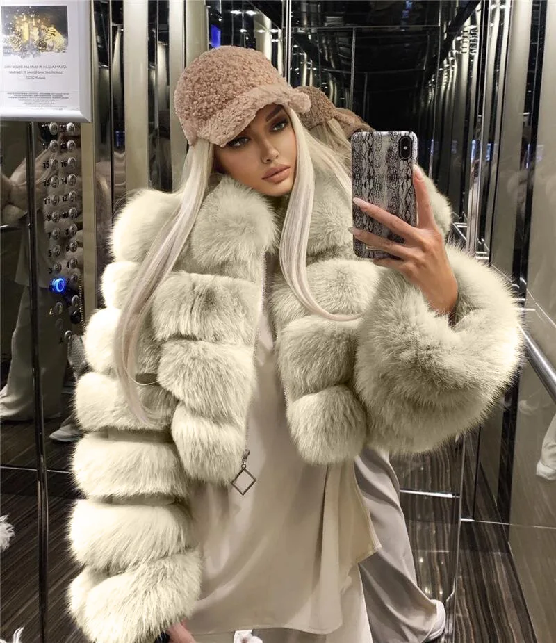 Coat Luxury Brand Fashion Zipper Cropped Fox Fur Jacket Autumn Winter Warm Women Faux Fur Coat Street Style Girls Short Jackets