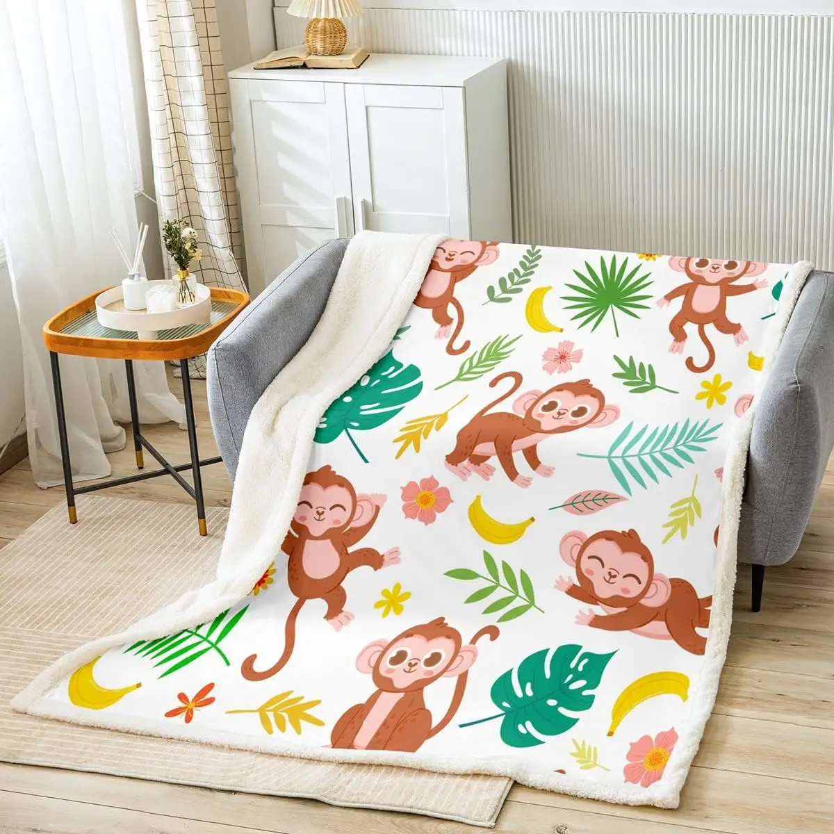 

Cute Monkeys Kids Throw Blanket,Palm Leaves Flowers Plants Bed Blanket for Boys Girls Adults,Banana Cartoon Animals