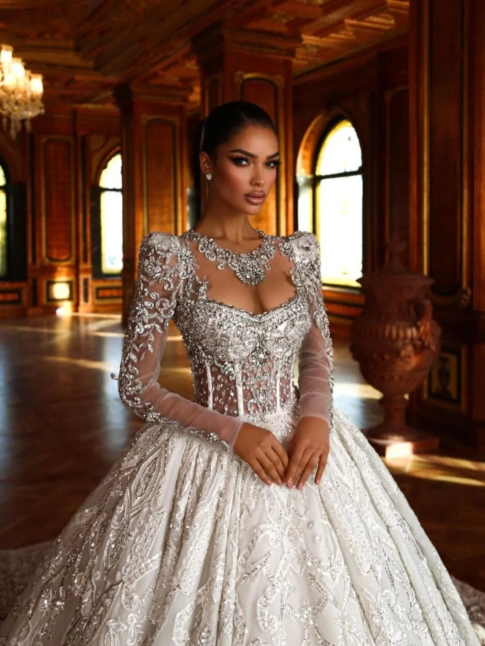 Роскошное свадебное платье с блестками, бальное платье, элегантное кружевное свадебное платье с бисером и длинным рукавом, индивидуальное платье de novia