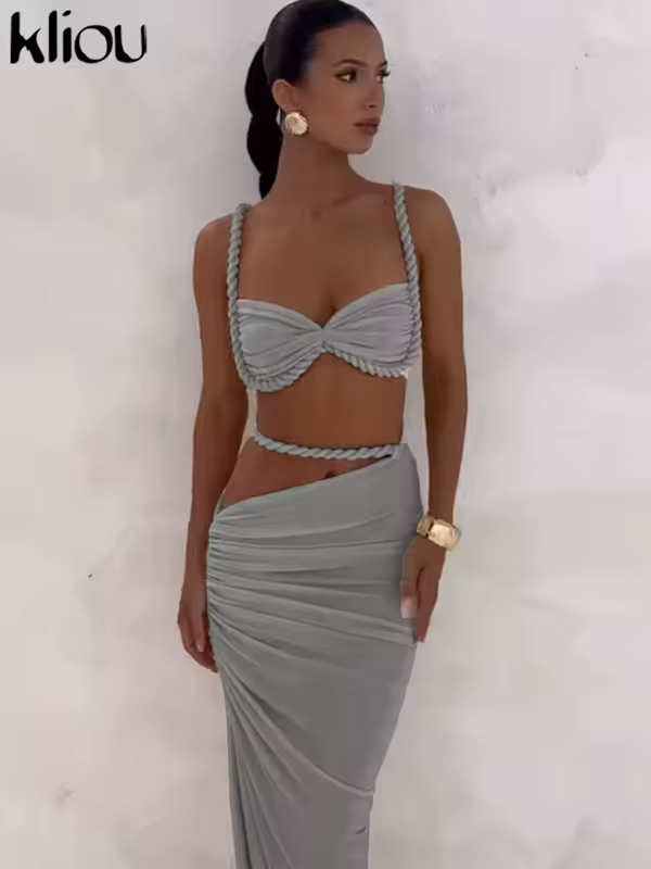kliou Woven Sexy Women 2 Piece Set Stunning Hot Solid Pleated Crop Camisoles+High Waist Maxi Skirts Female Trend Vacation Outfit - Image 4