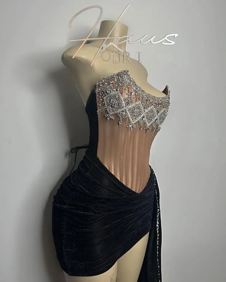 Diamond Jucè Corset Cocktail Birthday Party Dresses Black Girl Velvet Crystal Beaded Sheer Mesh Short Prom Runway Gowns