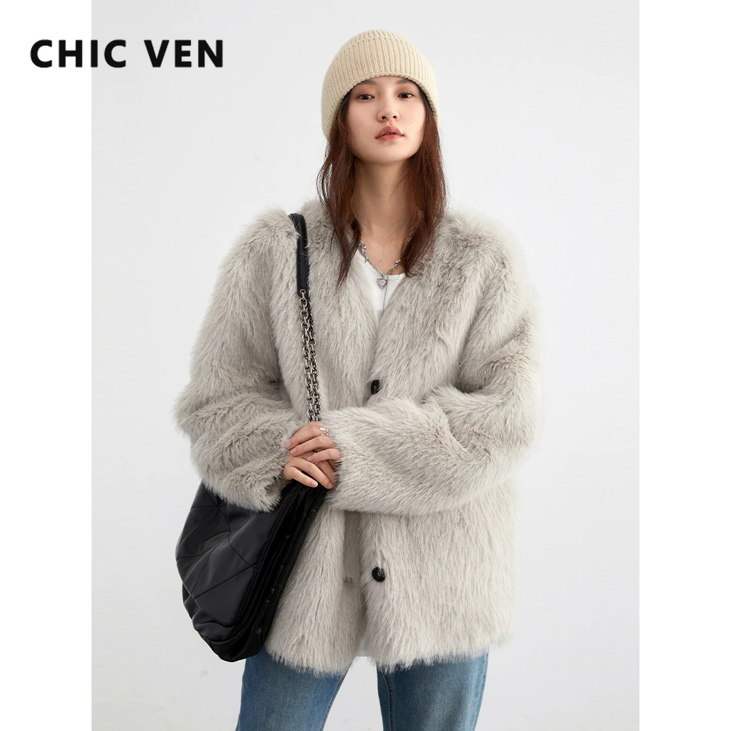 CHIC VEN New Women Faux Leather Coat Loose Solid V-neck Plush Warm Female Jacket Office Ladies Outercoat Autumn Winter 2025