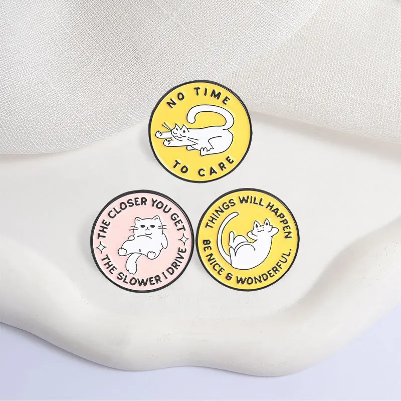 3Pcs Sassy Positive Cat Enamel Pins Set, Round Text Quote Lapel Brooches Cute White Cat Badges Gift for Cat Lovers Girls
