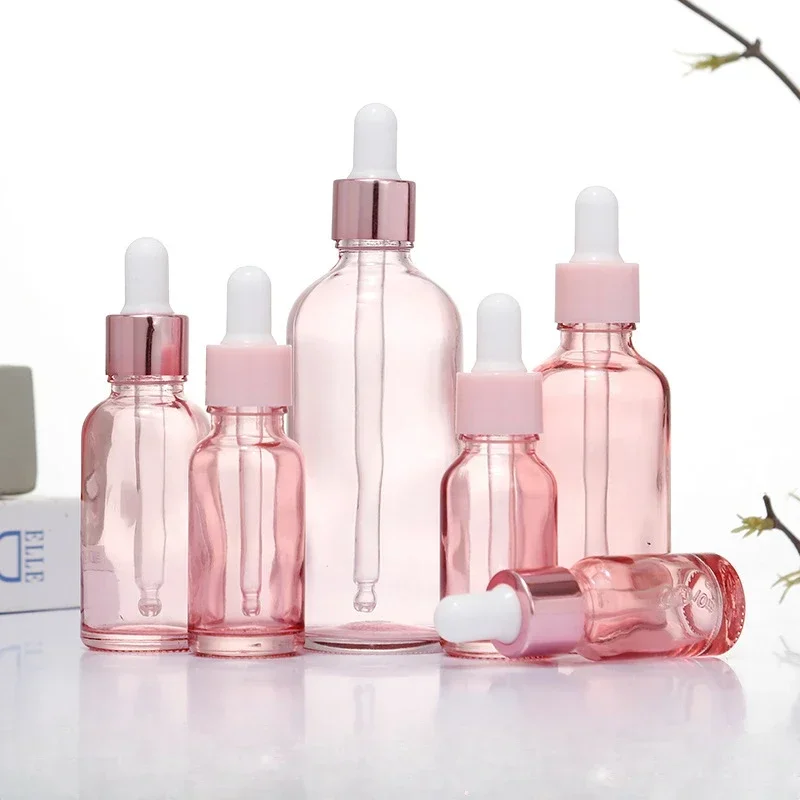 

1pc 5ml 10ml 15ml 20ml 30ml 50ml 100ml Pink Glass Dropper Bottles with Glass Pipette for Cosmetic Perfume Essential Oil