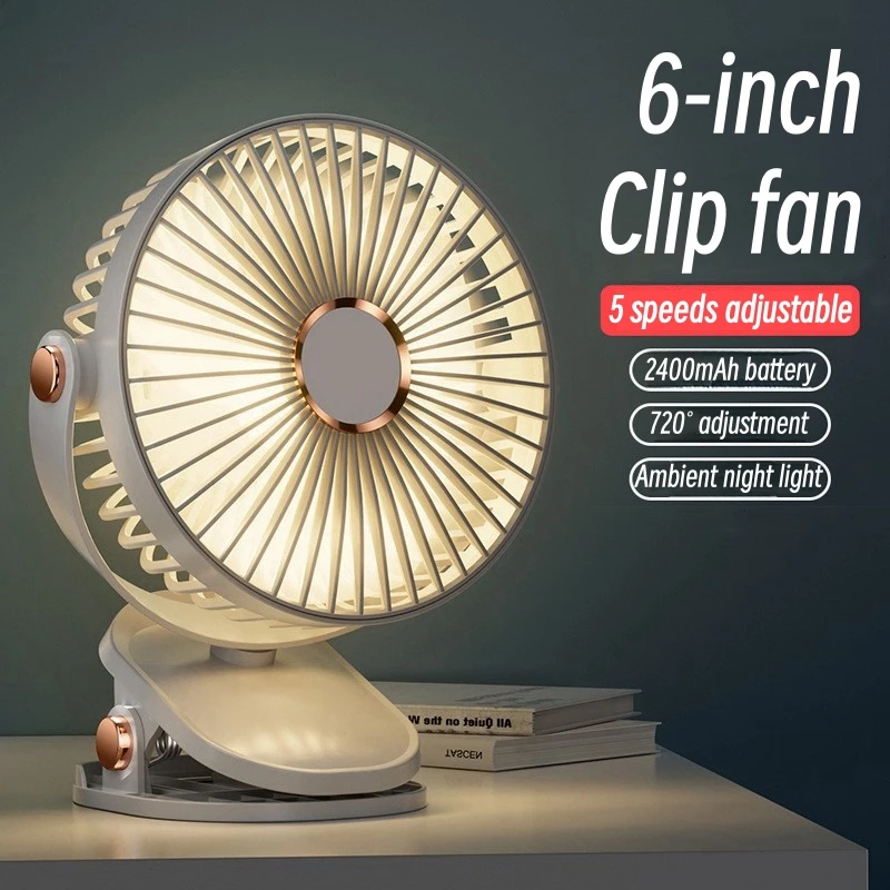 

6-inch Portable Cooling Fan Clip-on Type 2400mAh USB Charging Mini Desktop Fan 720° Rotation 5 Gears Adjustable Clamp Ventilator