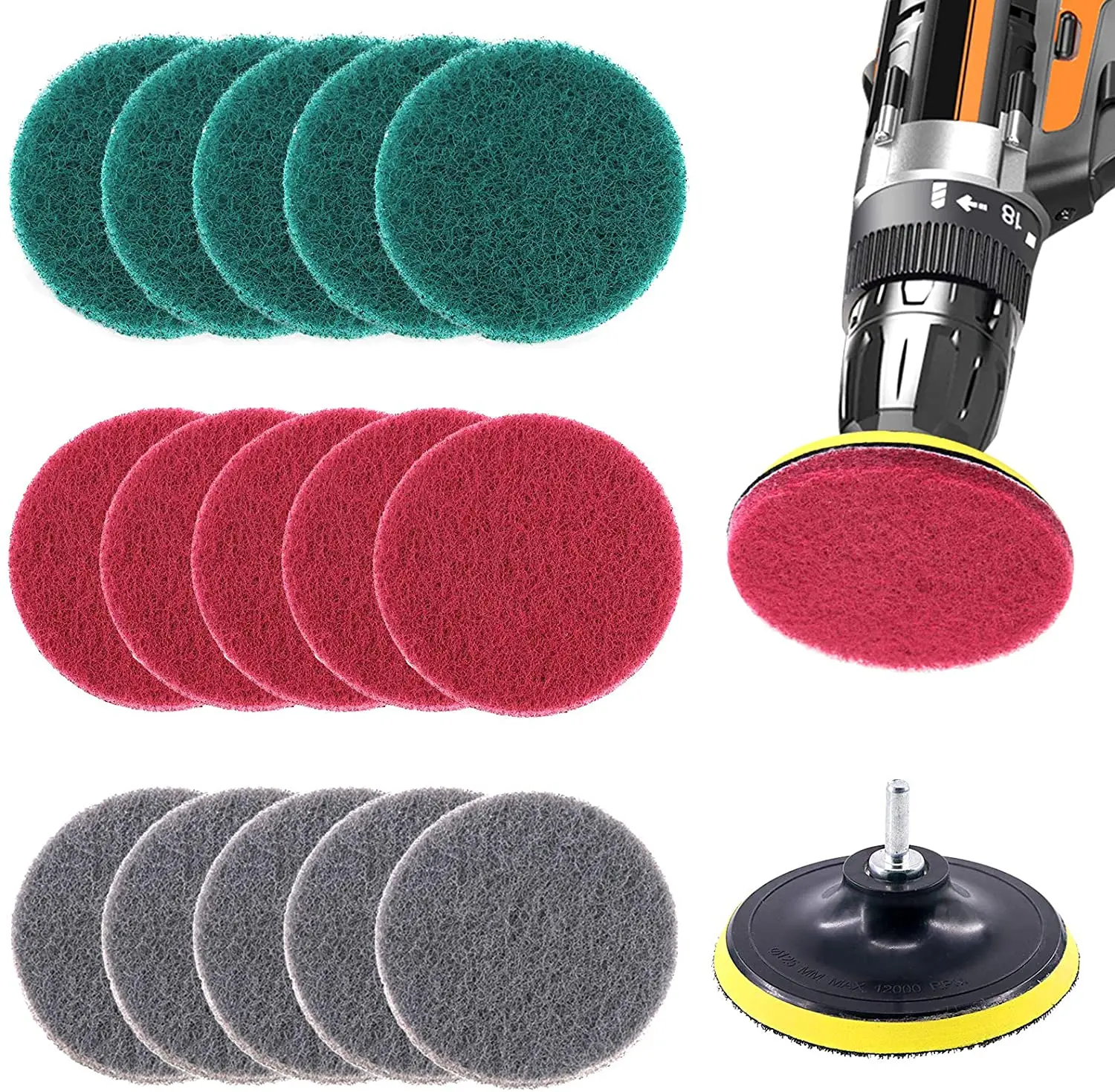 17Pcs 5 Inch Drill Power Brush Scrubber Scouring Pads Cleaning Kit with 125mm Disc Pad Holder for Bathroom & Kitchen Cleaning