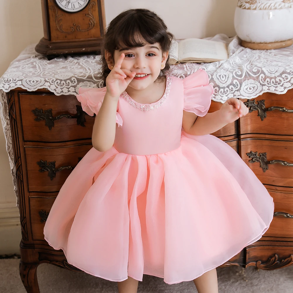 Baby Girl Pink White Dress Baptism Gown First 2 1 Year Birthday Dress Bow Princess Dress Party Dresses Girls Clothes Vestidos