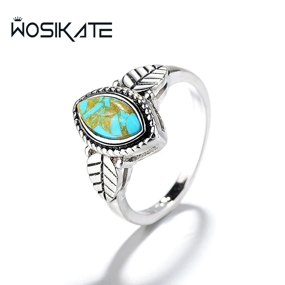 

WOSIKATE винтажное кольцо из серебра 925 пробы с бирюзовым листом для женщин, креативное кольцо с зеленым драгоценным камнем, тайское серебряное кольцо на палец, модные украшения