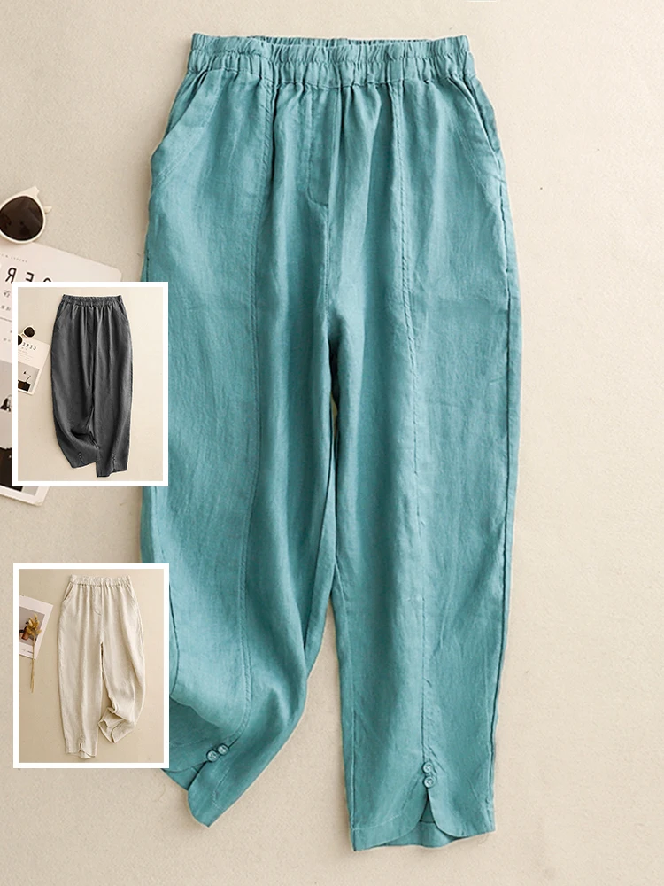 

Повседневные хлопковые и льняные брюки Харлан, однотонные брюки на пуговицах со свободной талией, летние модные женские большие размеры, девять очков