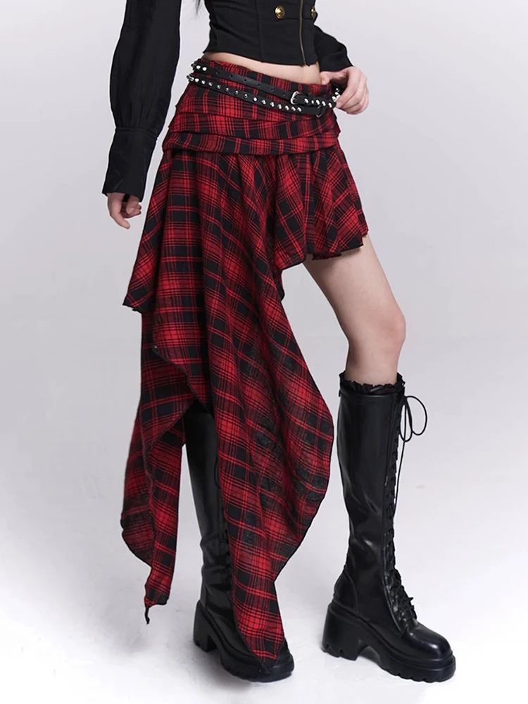 REDDACHiC Punk Retro Plaid Asymmetric Skirt Grunge Irregular Ruffle Pleated Low Rise Mini Skirt Gothic Music Festival Outfits