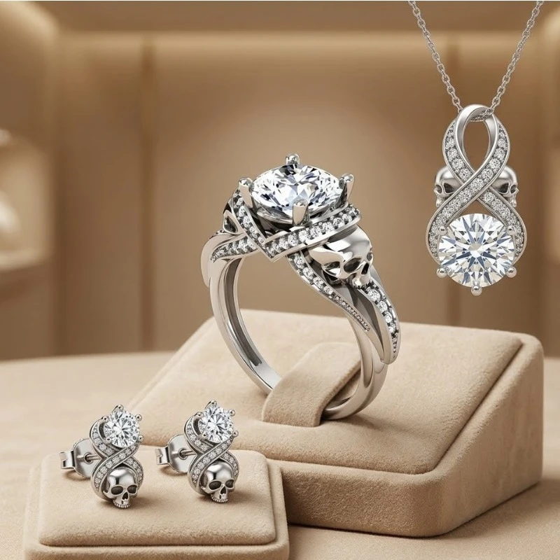 925 Silver Moissanite round Cut Bone Jewelry Set - Engagement Ring Pendant Earrings for Women