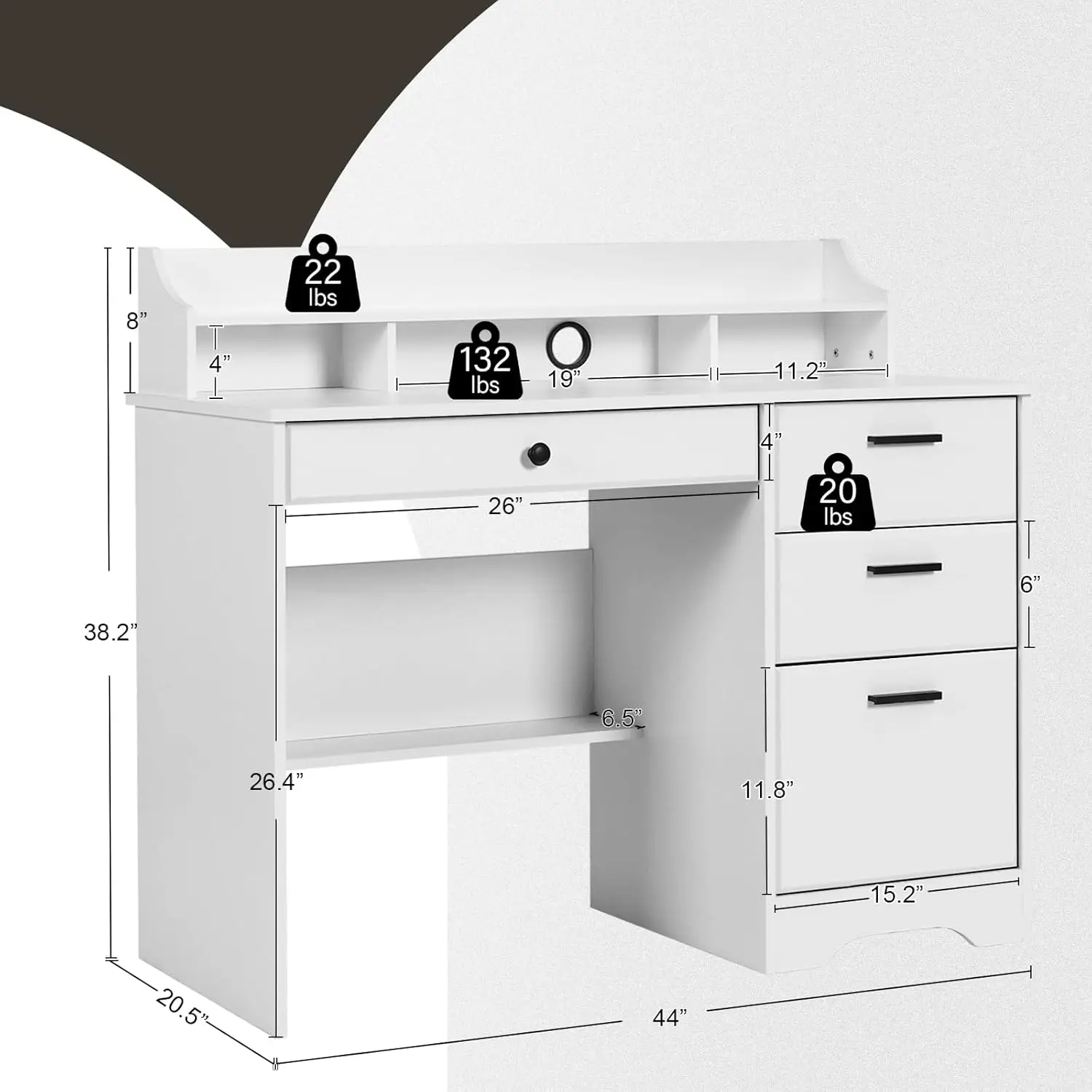 Computer Desk with 4 Drawers and Hutch, Home Office White Writing Desk with File Drawer and Shelves for Small Spaces