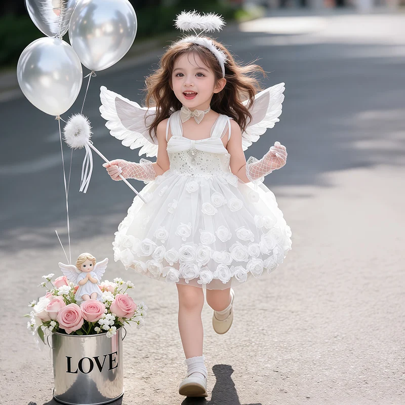Vestido de Princesa Sonhadora com Asas de Anjo Florais para Meninas Pequenas, Vestido de Aniversário de Verão, Saia de Renda ...