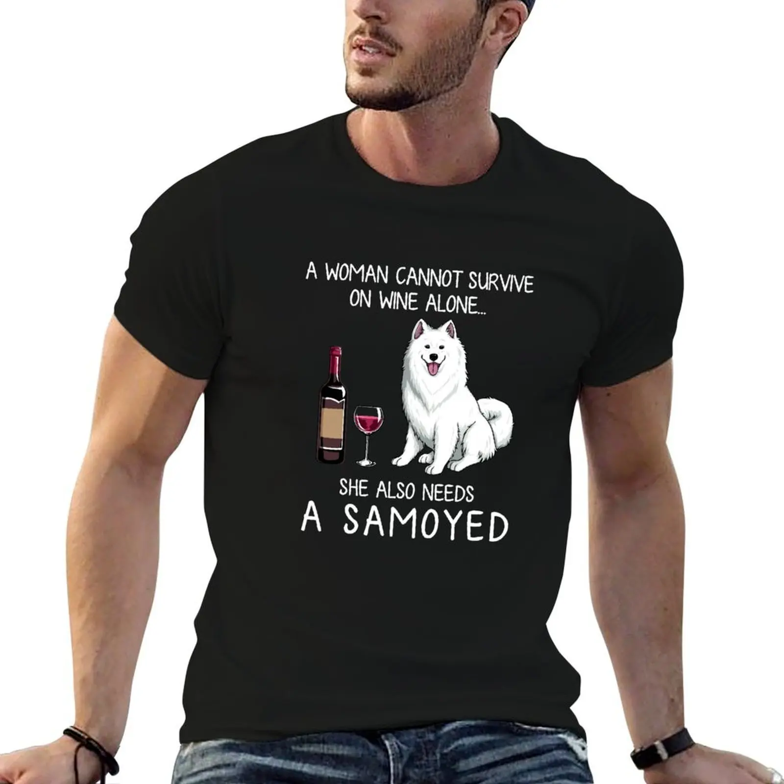 Samoyed and wine Funny dog T-Shirt funny costumes korean fashion mens tall t shirts