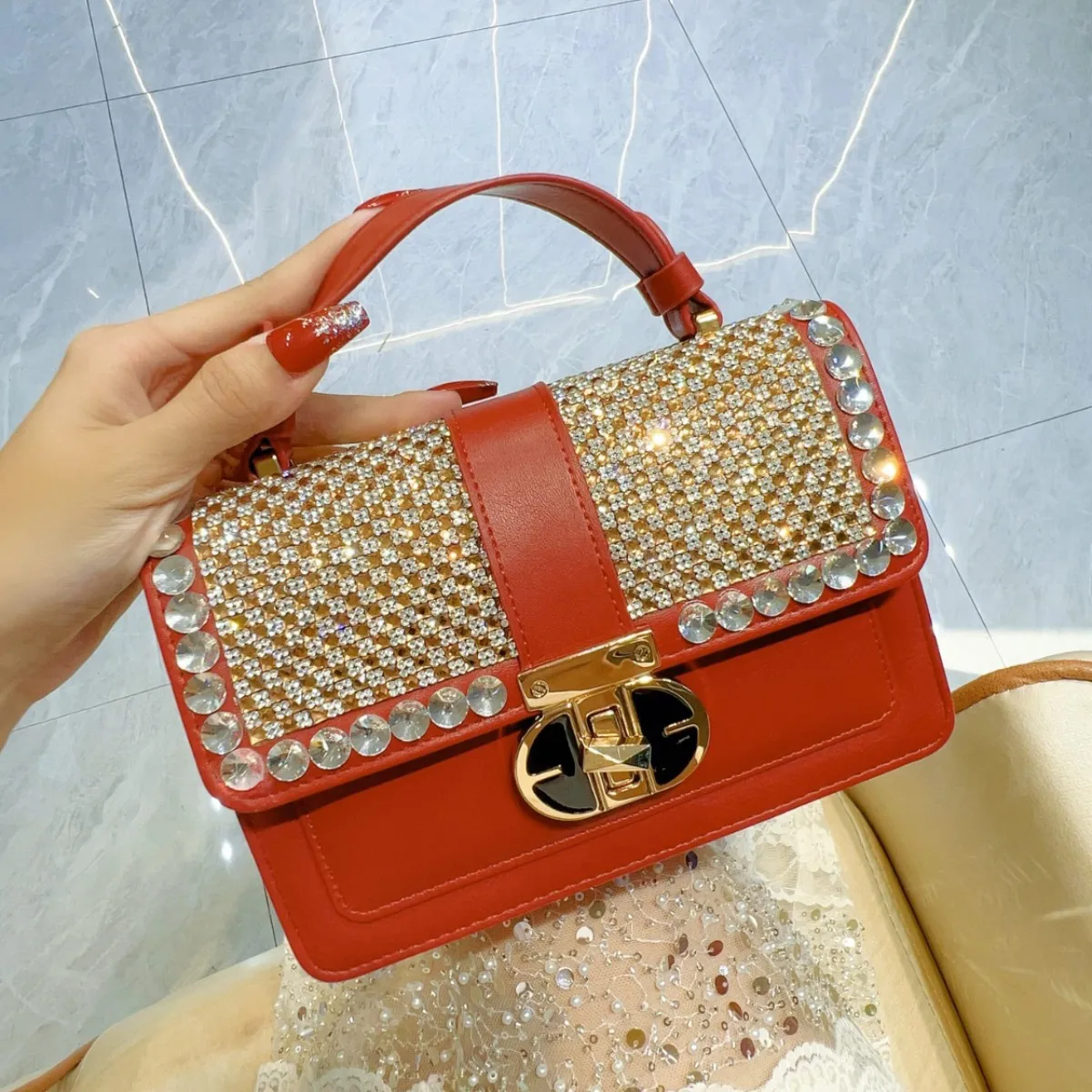 

Fashion Textured PU Square Bag Crystal Rhinestones Diamond Women's Handbag Shoulder Messenger Bag Lady Purse Female Casual Bag
