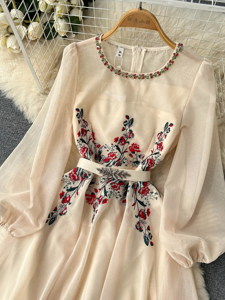 Autumn White/Beige Beading Embroidered Long Dress For Women Elegant O-Neck Puff Sleeve High Waist Elegant Party Robe New Fashion