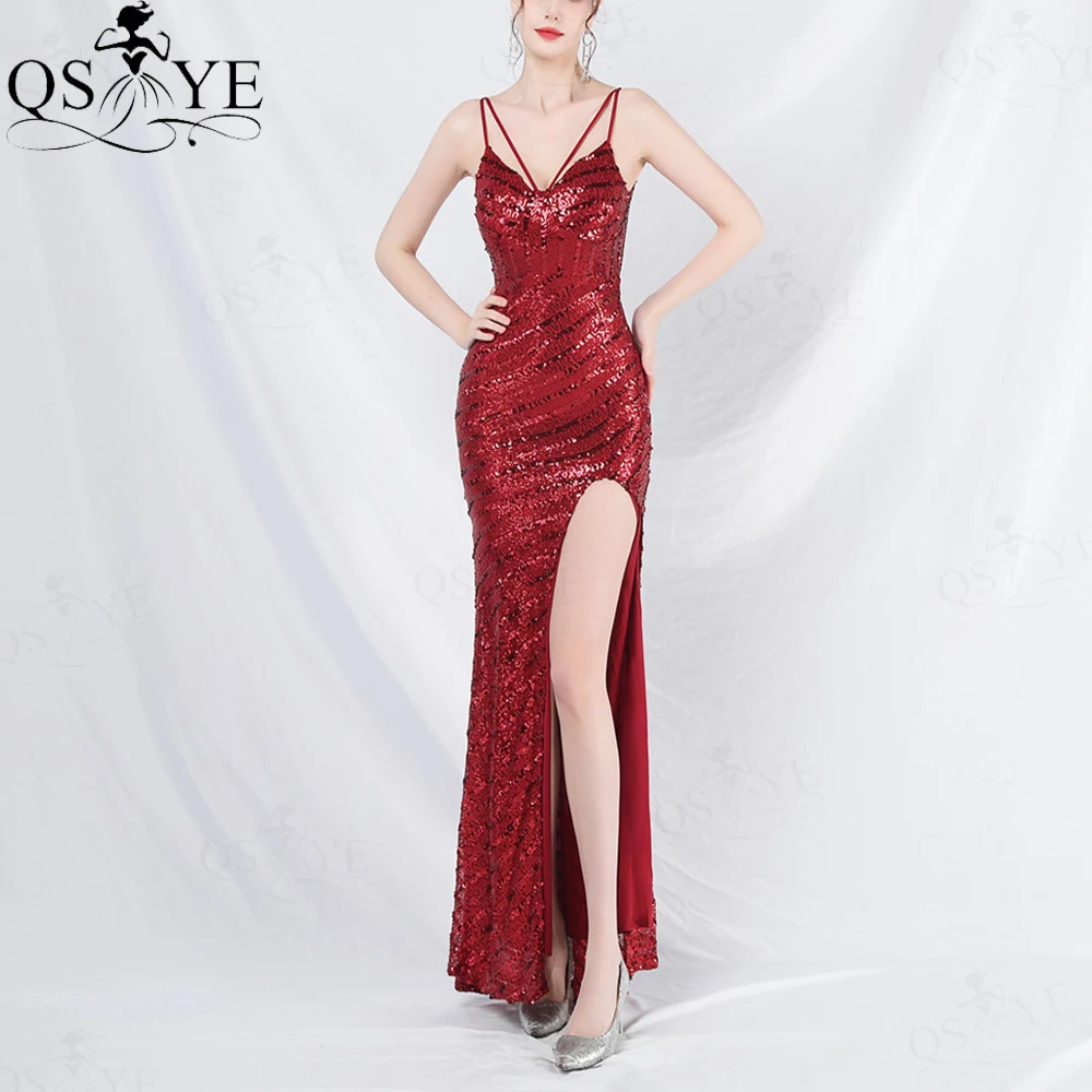 

Halter Neck Red Evening Dresses Slit Stretch Sequin Spiral pattern V Neck Mermaid Formal Gown Fit Women Party Prom Dress 2024