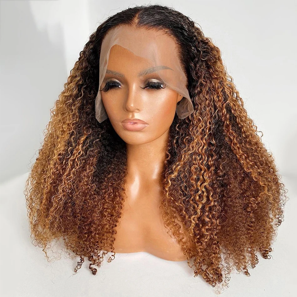 Long Kinky Curly Lace Front Wig para mulheres, Ombre Loiro, cabelo macio do bebê, resistente ao calor, sem cola, pré-arrancadas diariamente, 26 ", 180 Densidade