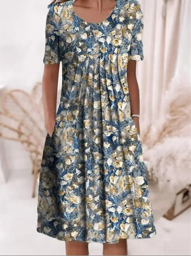 2025 primavera verão vestido feminino moda casual confortável férias floral impressão o-pescoço bolso vestidos de comprimento médio
