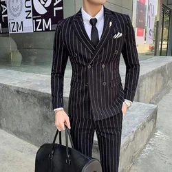 Smart Casual Black Stripe Pattern Double Breasted Peaked Lapel Formal Business Elegant Office Outwear 2 Piece Jacket Pants Set