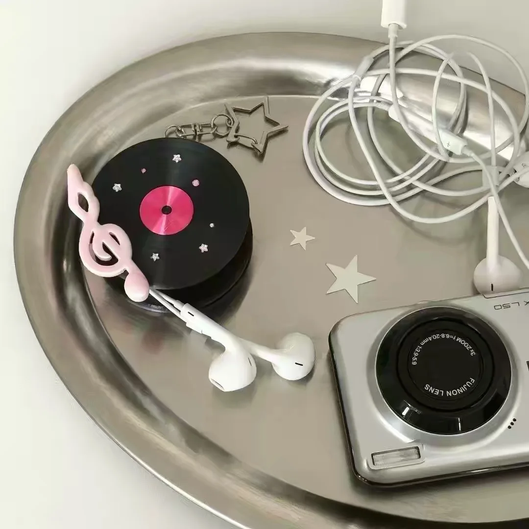 Vinyl Record Earphone Cable Organizer Cord Winder Keychain Cute Music Note Headphone Cable Holder Bag Charm 3 Colors