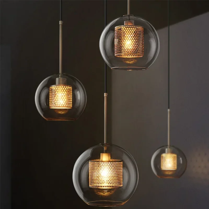 

Industrial Style Single Head Chandelier Light Luxury Retro Creative Personality Aisle Bar Table Lamp Glass Ball Bedside Pendant