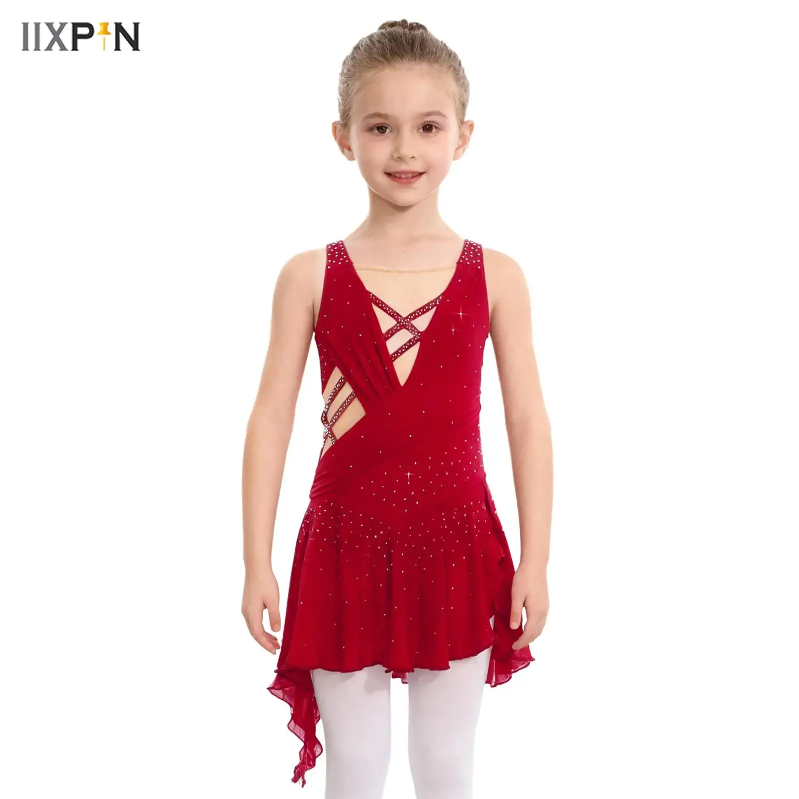 

Kids Girls Shiny Rhinestones Lyrical Ballet Dance Dress Sheer Mesh Splice Sleeveless Crisscross V-Back Side Slit Leotard Dress