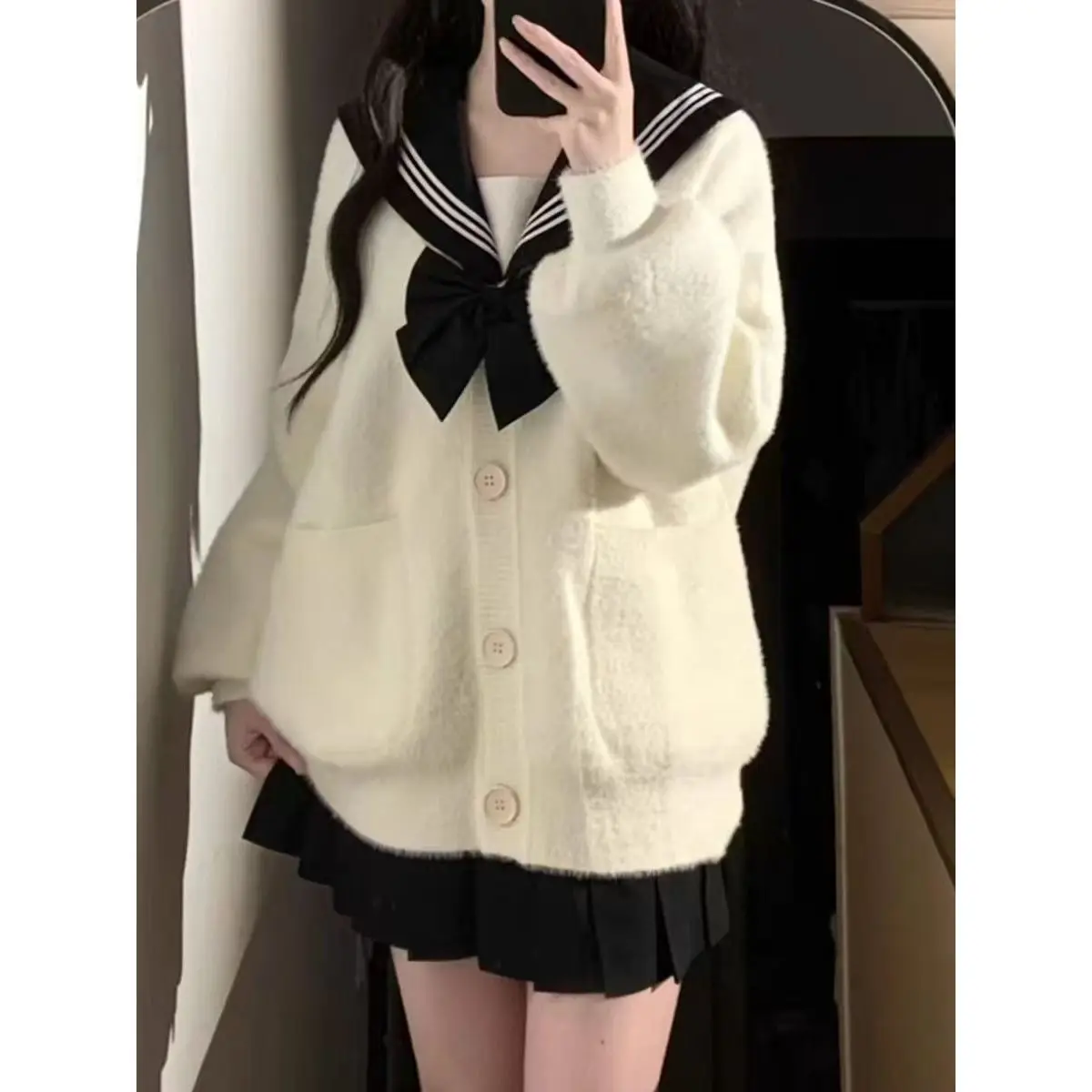 

College-style Japanese Woolen Sweater Coat for Petite Women, Soft and Fluffy Loose-knit Top.