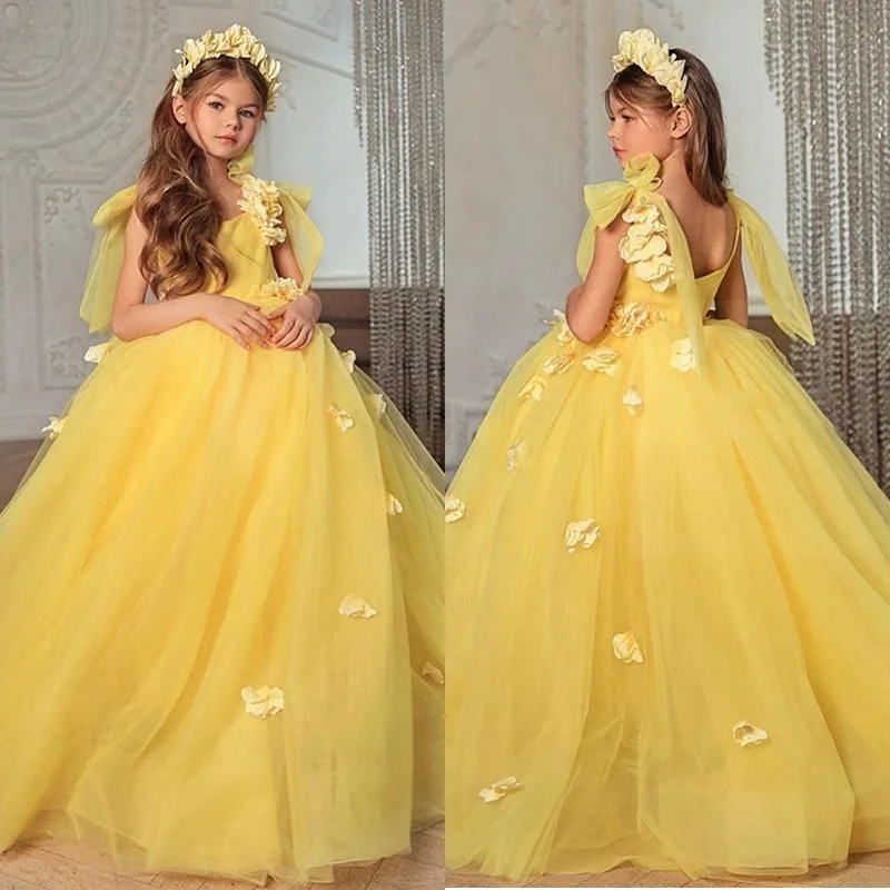 

Princess Yellow Flower Girl Dresses For Weddings Tulle Lace Appliques Pageant Ball Gown Kids Birthday Party Dress