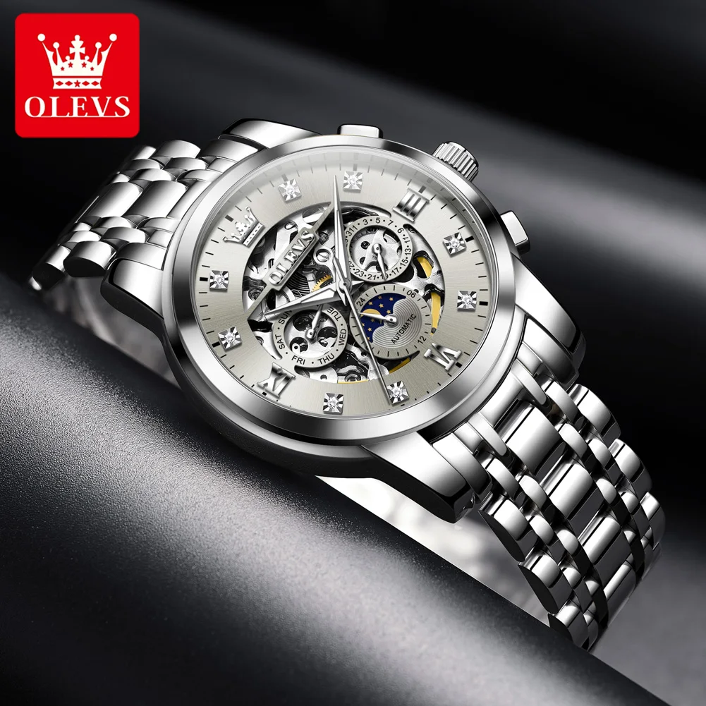 

OLEVS стимпанк скелетон мужские часы кольцо роскошные автоматические механические часы светящиеся водонепроницаемые часы с ремешком из нержавеющей стали