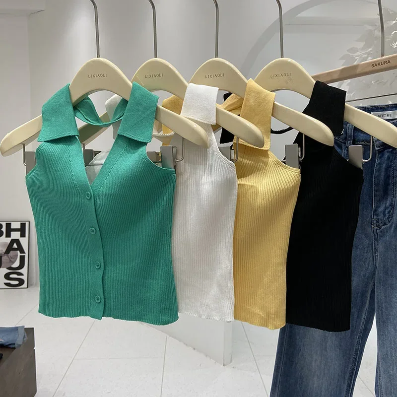 مضلع متماسكة الرسن قميص بولو بلا أكمام زر الجبهة المحاصيل الدبابات كاميس الصيف النساء في سن المراهقة فتاة 90s الزي خمر