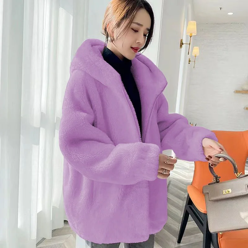 

2024New Jacket Women Hot Coral Fleece Coat Warm Thickened Fleece Autumn Winter Outwear Zipper Hooded Sweatshirt Female Overcoat