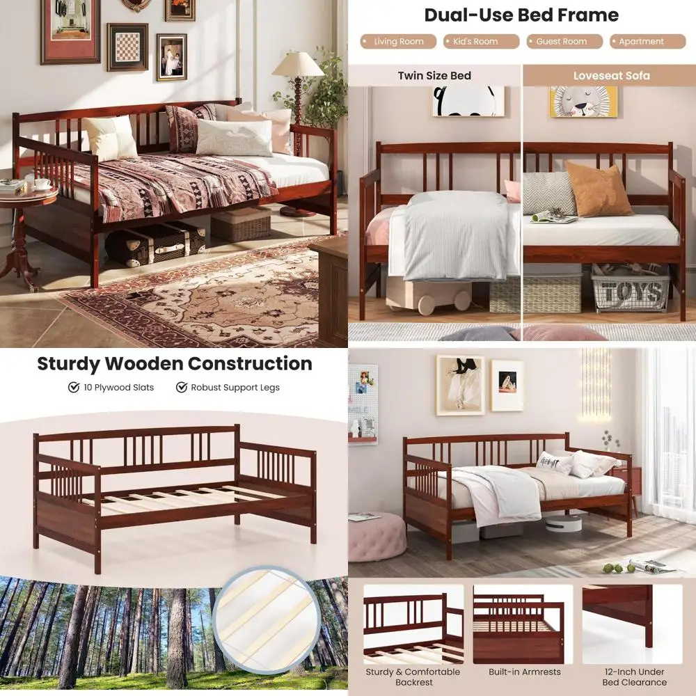 Wooden Twin Daybed Frame with Slat Support, Convertible Sofa Bed for Guests, Dual-Purpose Platform Bed Frame for Living Spaces