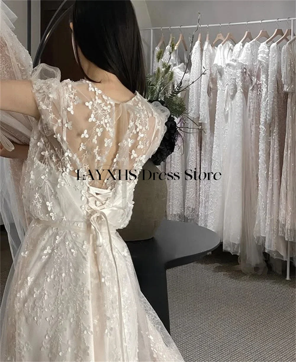 เจ้าหญิงสแควร์คอชุดแต่งงานเกาหลีถ่ายภาพแขนสั้นลูกไม้ Tulle ชุดเจ้าสาวดอกไม้ลูกปัดชุดเจ้าสาวที่กําหนดเอง