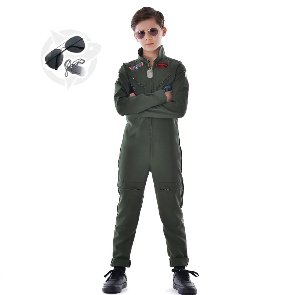 Movie Top Gun American Airforce Uniform Military Pilot Costume Boys Flight Jumpsuit Suits Kids Carnival Party Outfits