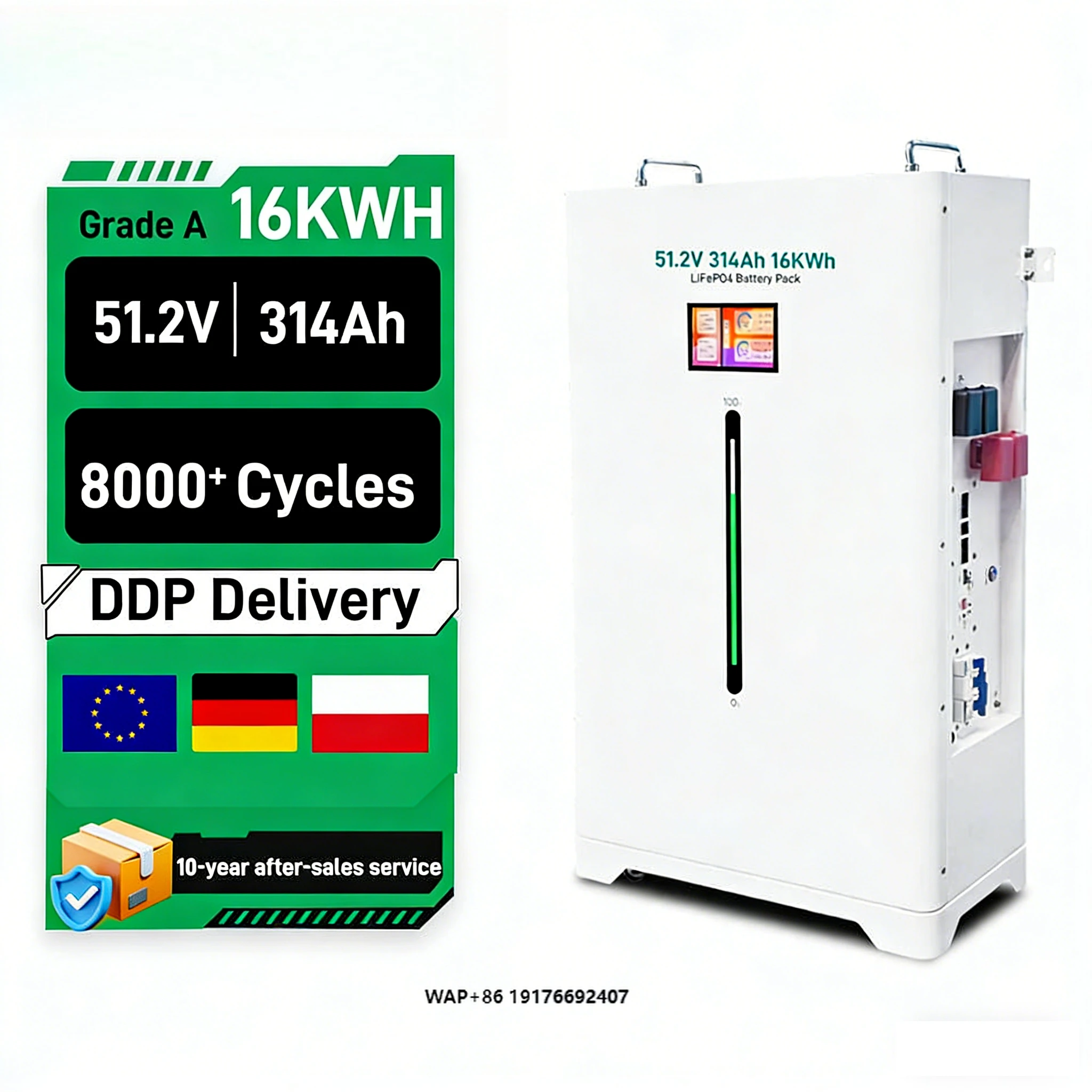 EU Stock Home Energy Storage Vertical Assembled 48V 16KW Lithium Ion Battery 51.2V 300AH 16KW 15KWH 30kwh 17Kwh Lifepo4 Battery