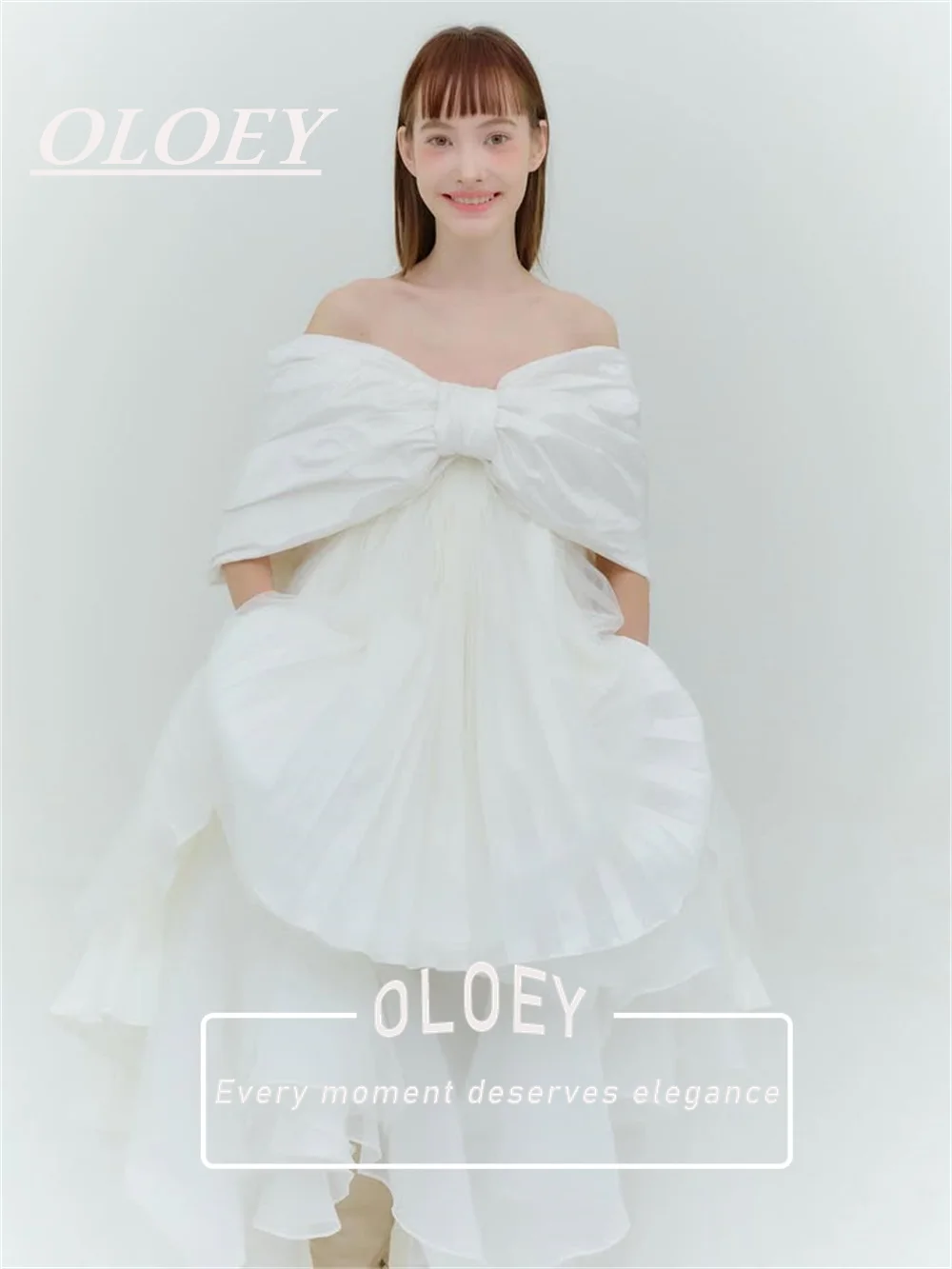 OLOEY Unique Off the Shoulder Wedding Dresses Pleated Satin Tulle Organza A-line Bridal Gown Customized Korea Photoshoot Corset