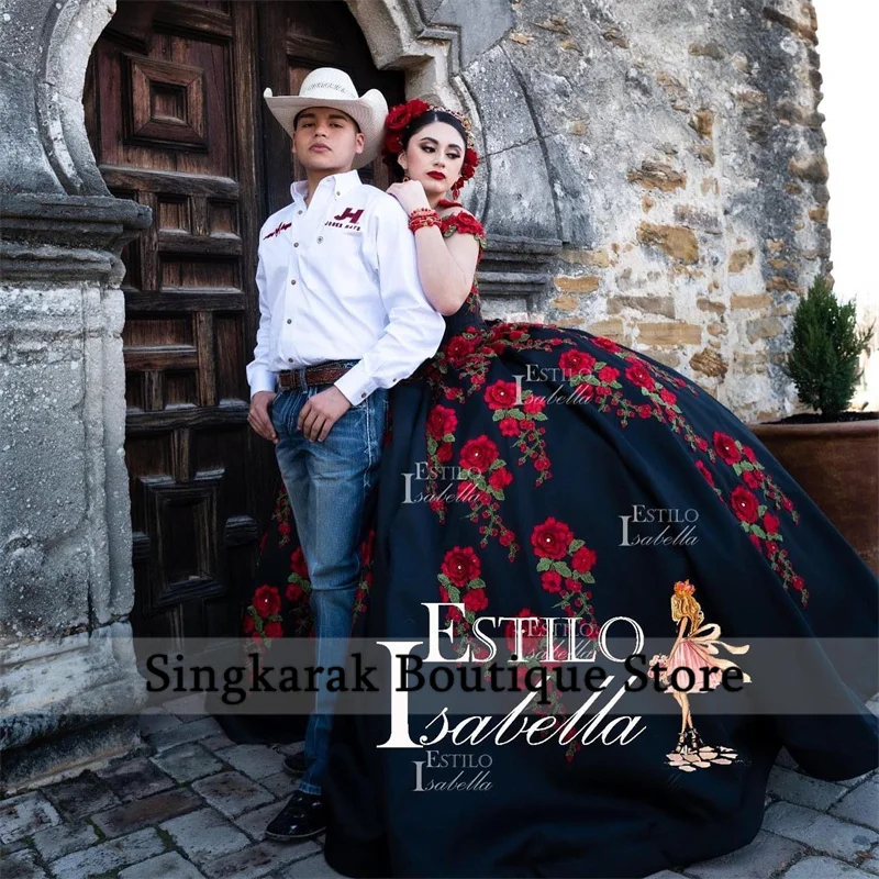 Mexican Black Ball Gown Quinceanera Dresses Sweet 16 Dress Flowers Embroidery Appliques Crystal Vestidos De 15  Customized