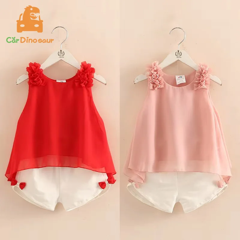 2026 Casual Cute 2 3 4 5 6 8 10 Years Solid Color Bow Flower Sleeveless T-shirt+Shorts 2 Pcs Baby Kids Girls Summer Clothing Set