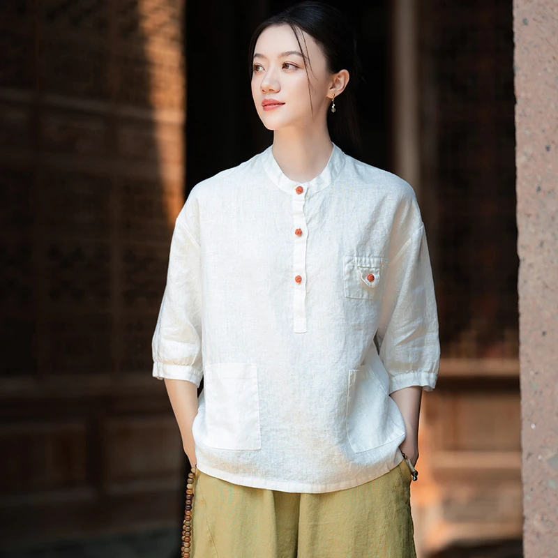 

Women Cotton Linen Casual Shirt New Arrival 2025 Summer Vintage Style Stand Collar Loose Female Half Sleeve Tops Shirts M1642