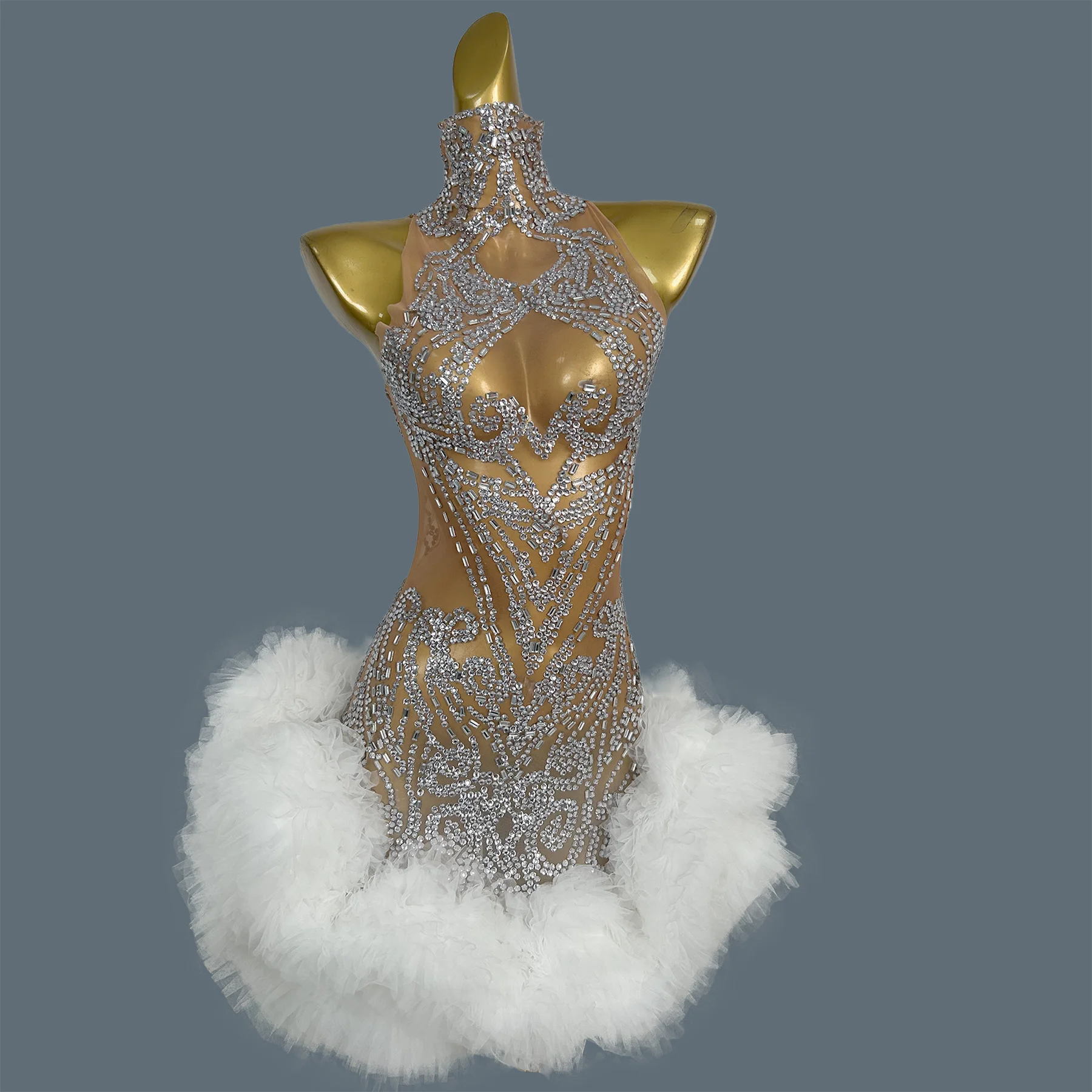 

Birthday Celebrate Party tutu Dress High-end Cocktail Dress Sexy Women See Through Mesh Outfit Brilliant Crystals Dress Xingyun