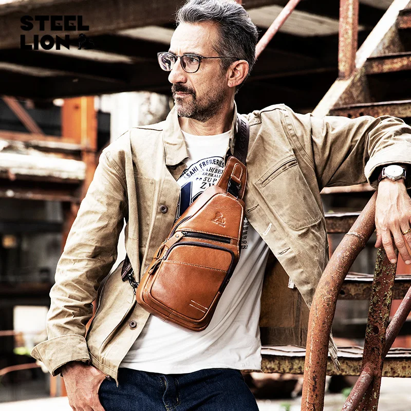 Men's leather chest bag retro casual shoulder bag large capacity mobile phone storage head layer cowhide chest bag