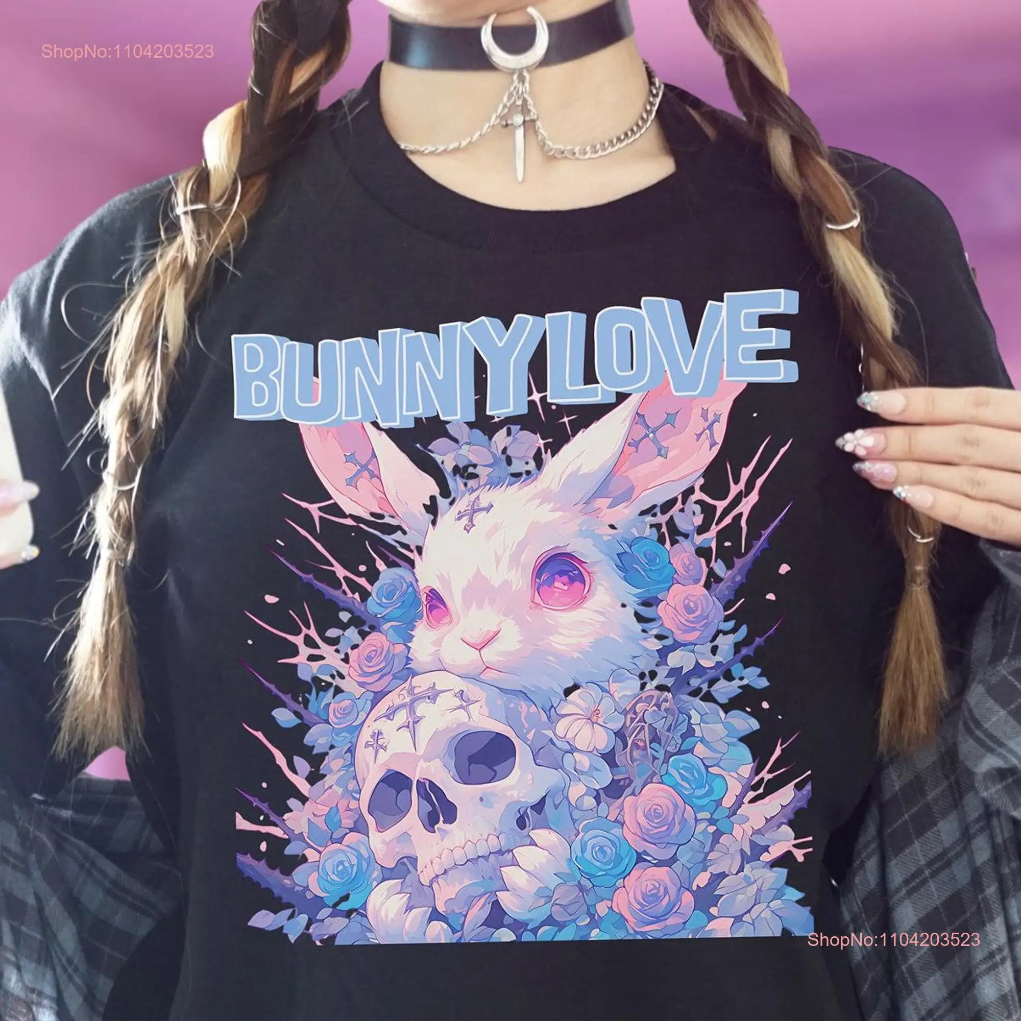 Pastel Goth Bunny Love T Shirt Creepy Cute Yume Kawaii Clothes Harajuku Grunge for Goths Skull long or short sleeves