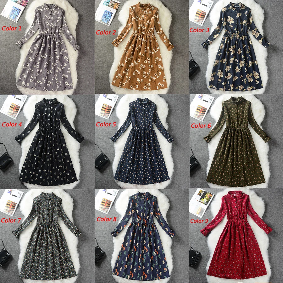 Corduroy High Elastic Waist Vintage Dress Autumn Winter Women Full Sleeve Floral Midi Dress Bodycon Party Sexy Vestido 25 Colors