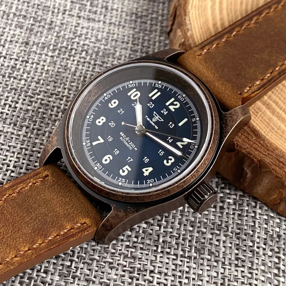 Tandorio Sapphire Crystal 36mm Retro Pilot Case Electroplated-Copper NH35 Movement Automatic Men Watch 20ATM Diving Waterproof - Image 5