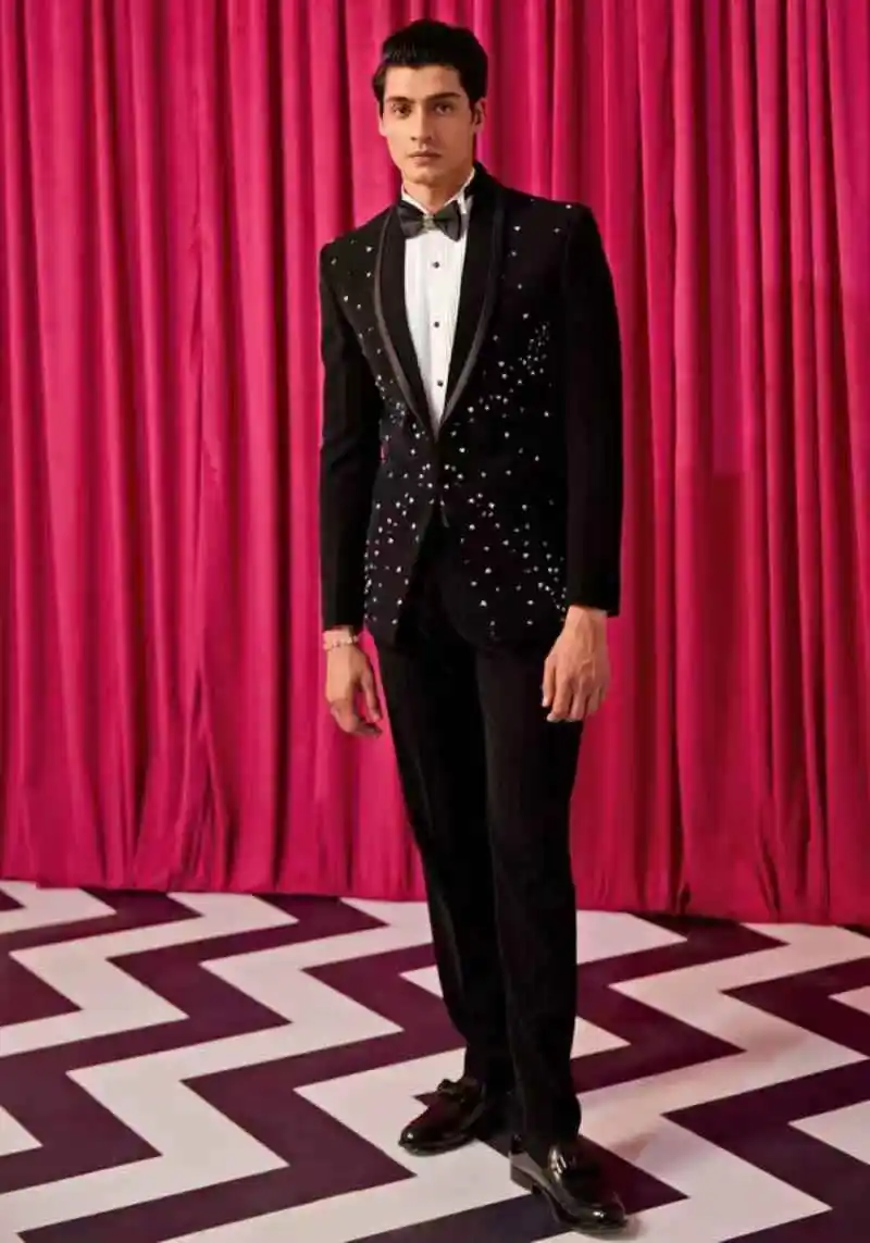 

Luxury Black Men Suits Set 2 Pcs Blazer+Pant Trousers Wedding Tuxedo Crystals Formal Office Cotton Male Groom Prom Jacket Coat