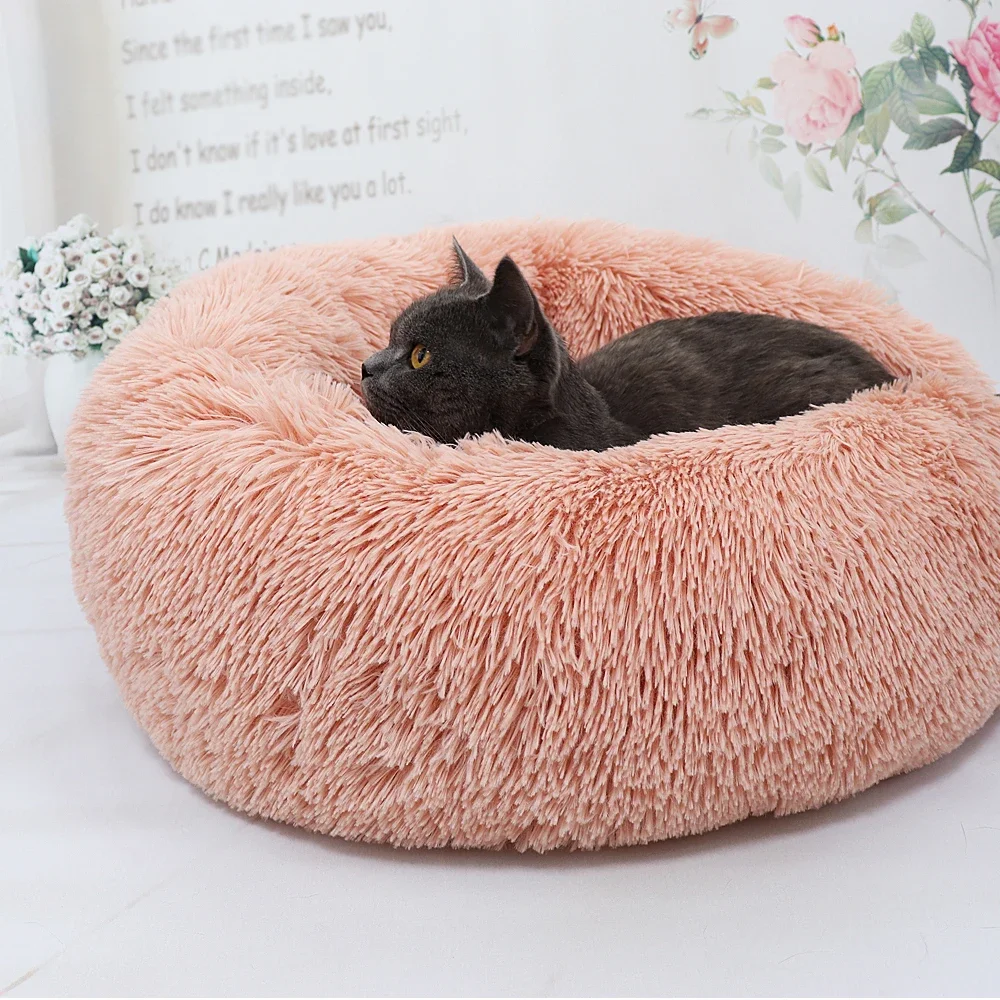 Long Plush Cat Bed House Soft Round Cat Bed Winter Pet Dog Cushion Mats For Small Dogs Cats Nest Warm Puppy Kennel 50/60/70cm