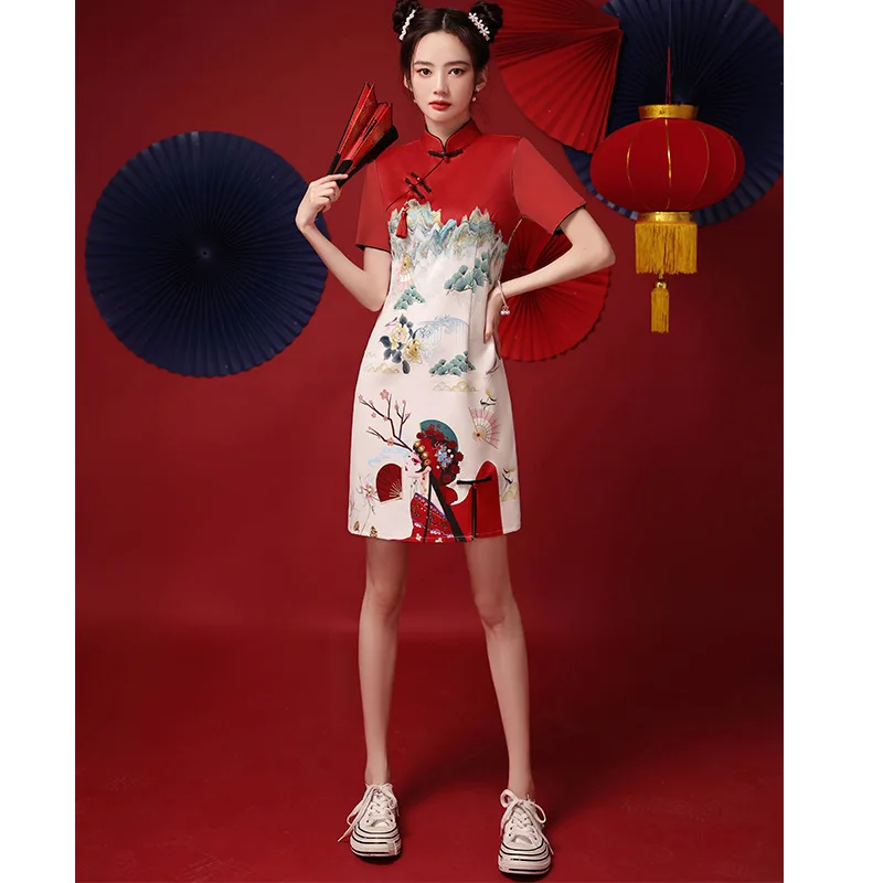 

Women Summer Improved Cheongsam Women's Clothing 2025 Girl Chinese Style Retro Red Dress Qipao Female Retro Short Dress
